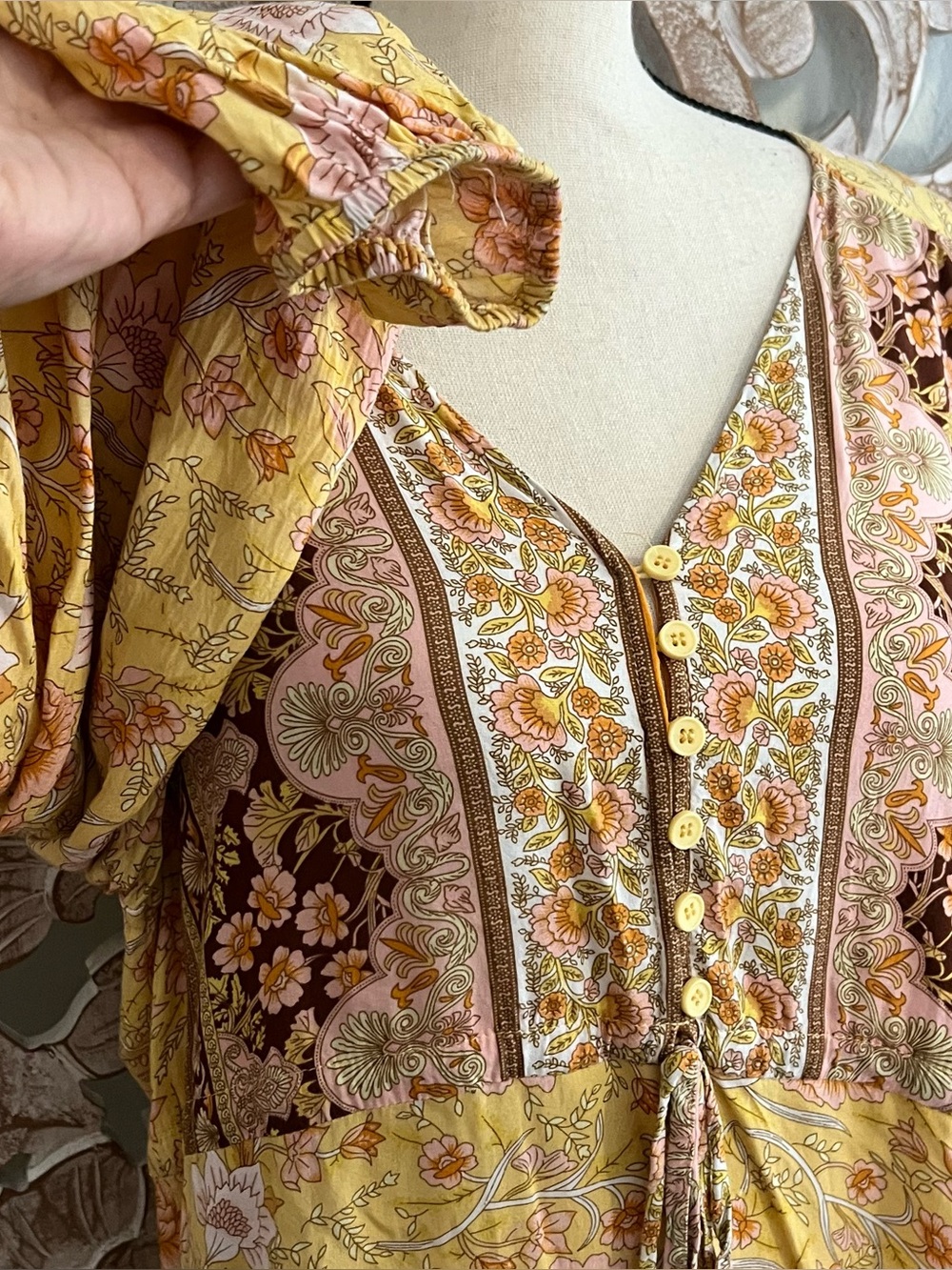 Floral Button Up V-Neck Long Sleeve Yellow Boho Dress - Picture 4 of 4
